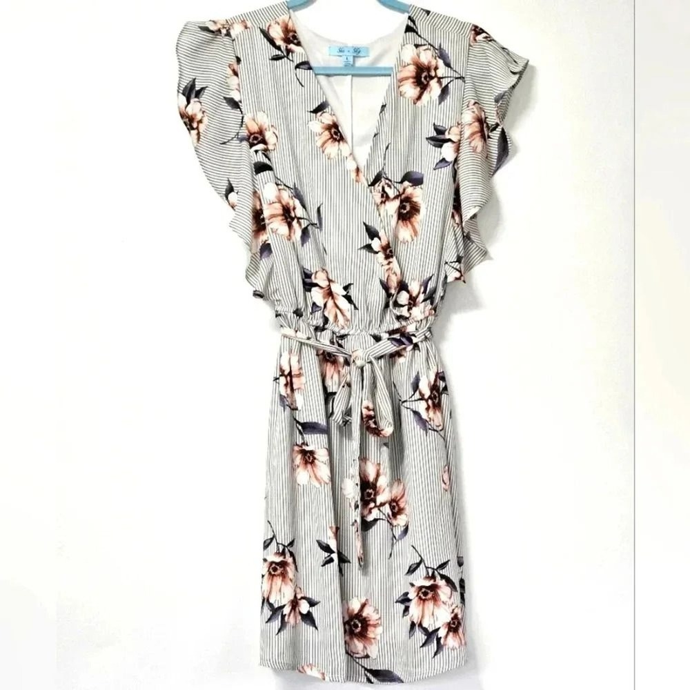 She Sky‎ Striped Floral Flutter Sleeve Tie Waist Midi Dress Womens Large